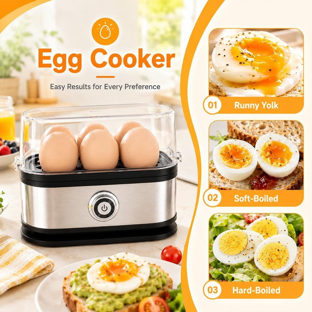 Multifunctional Egg Steamer with Clear Lid, 2026 New compact stainless steel mini electric rapid egg cooker 6 egg capacity, Prevent Burning Out for Custom Egg Doneness Meal Prep (1pc)