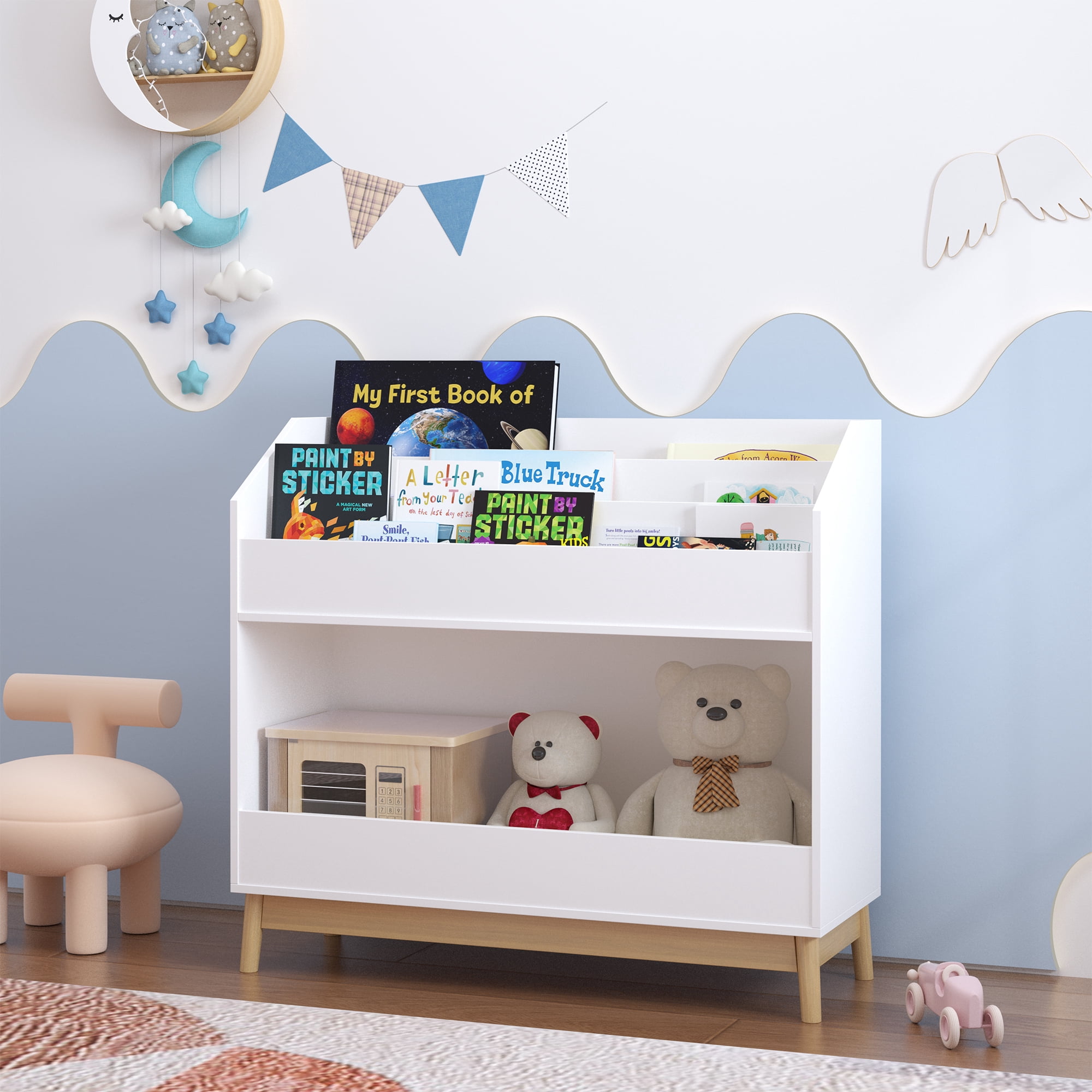 Large White Kids Bookshelf 3-Tier Book Display with Bottom Storage Bin Wood Legs Playroom Nursery Organizer