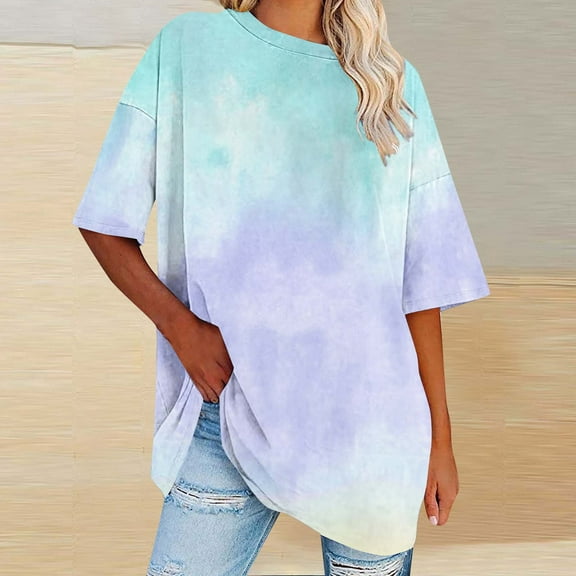 Women's Casual Crewneck Short Sleeve Tie Dye Oversized T Shirt Graphic Tee Top Blue XL