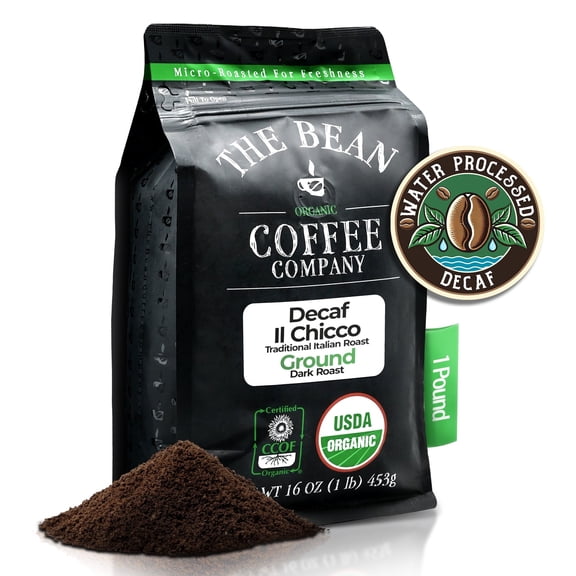 The Bean Organic Coffee Company Water Processed DECAF IL Chicco (Traditional Italian Roast), Dark Roast, Ground Coffee, 16-Ounce Bag