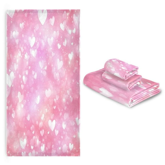 3 Pack Towel Set with Bath Towels, Hand Towels & Washcloths for Everyday Use Pink Background with Lots Of Hearts