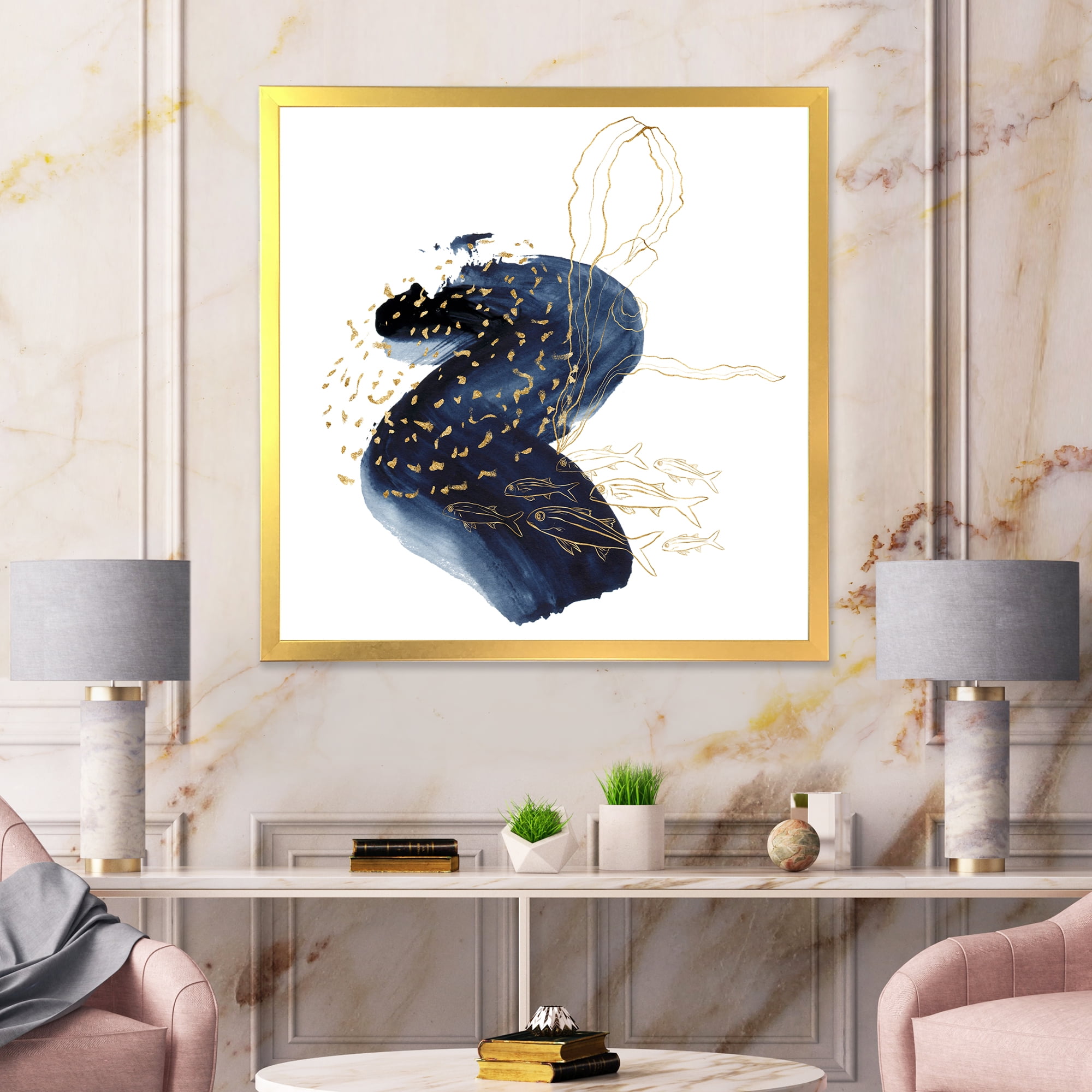 Designart 'Underwater Marine Life Classic Blue Square ' Farmhouse Framed Art Print