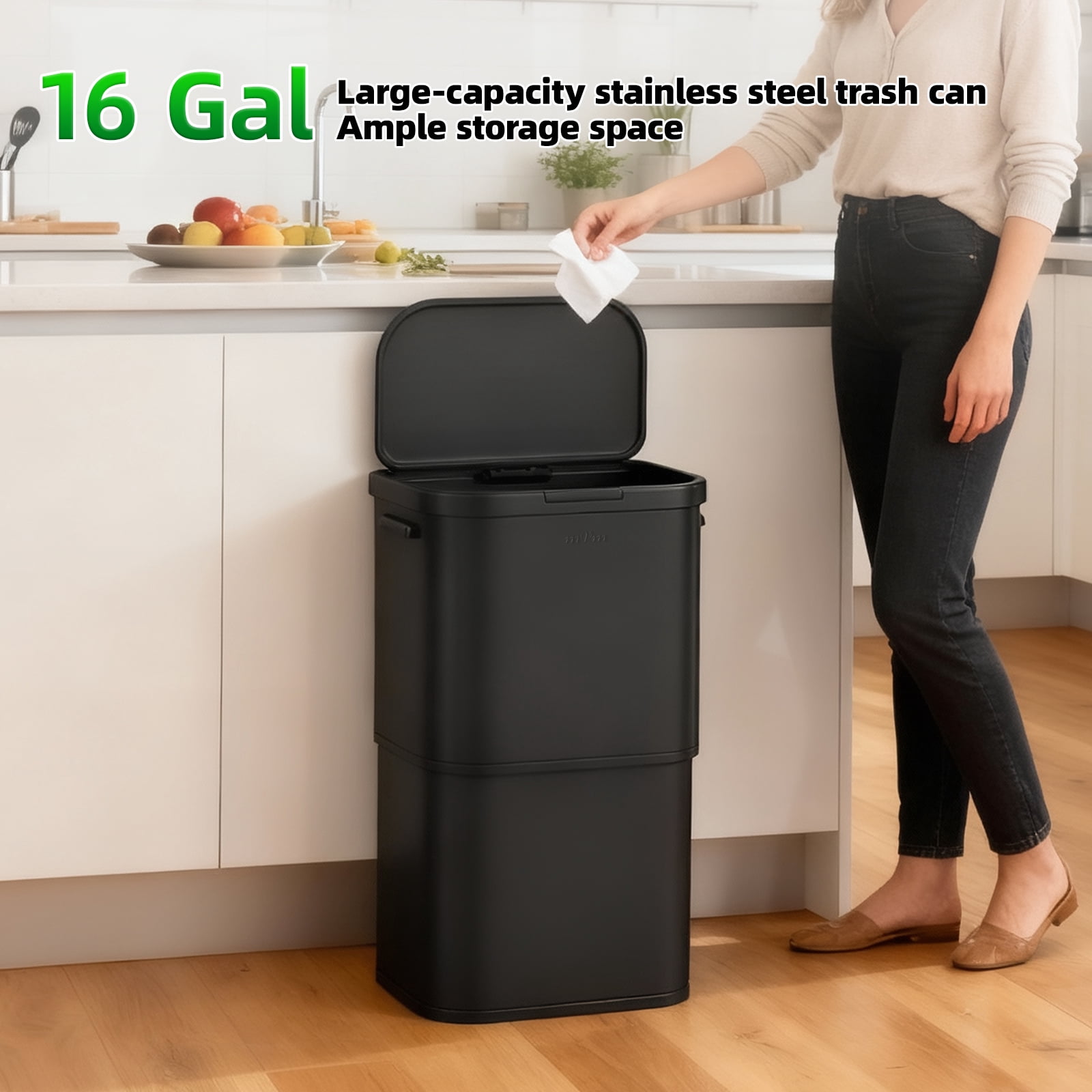 mVm 16 Gal Kitchen Trash Can, Touch Top Large Garbage Can (Black)