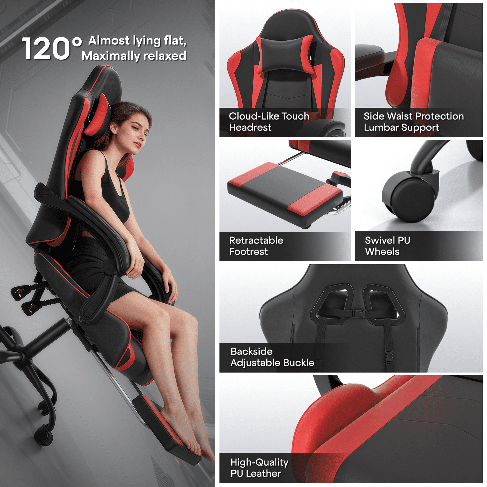 OSM Gaming Chair with Footrest & Headrest, High-Back Ergonomic Computer Desk Chair - Adjustable Lumbar Support, Reclining Office Chair for Adults, 350lbs, Red