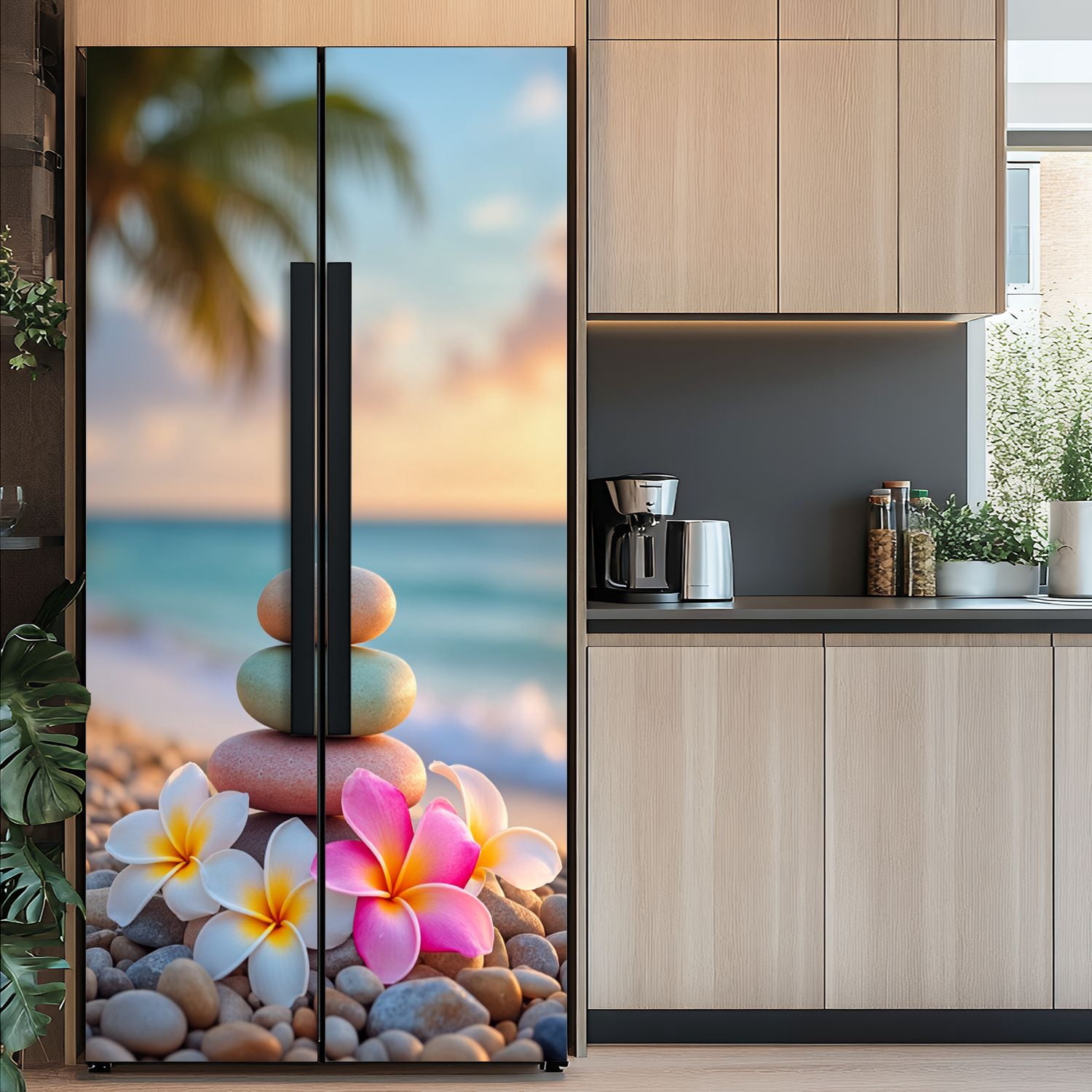 Self Adhesive Vinyl Refrigerator Wrap Set Zen Stones Plumeria Flowers Tropical Beach Sunset Spiritual Door Mural Removable Fridge Sticker Peel and Stick&nbsp;Full Door Cover Decal Kitchen Bar Decor