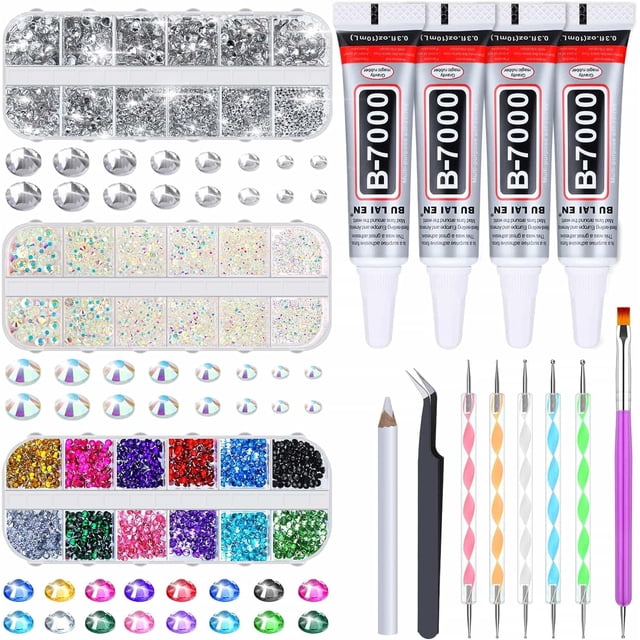 HSHDLDF B7000 Jewelry Glue with Rhinestones for Clothes, 4500Pcs Craft Rhinestones Gems with Clear Rhinestone Glue for Fabric with Wax Picker Pencil and Tweezers for Crafting Jewelry Making and Nail
