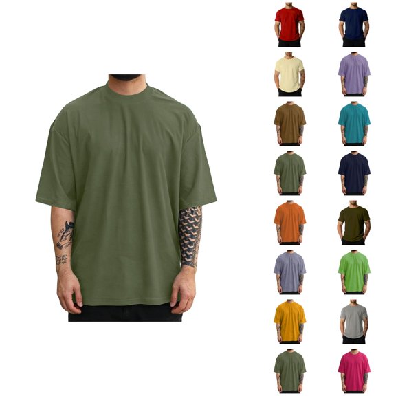 Mens Oversized T Shirt Summer Solid Casual Drop Shoulder Crew Neck Elbow Sleeve T Shirts for Man Streetwear