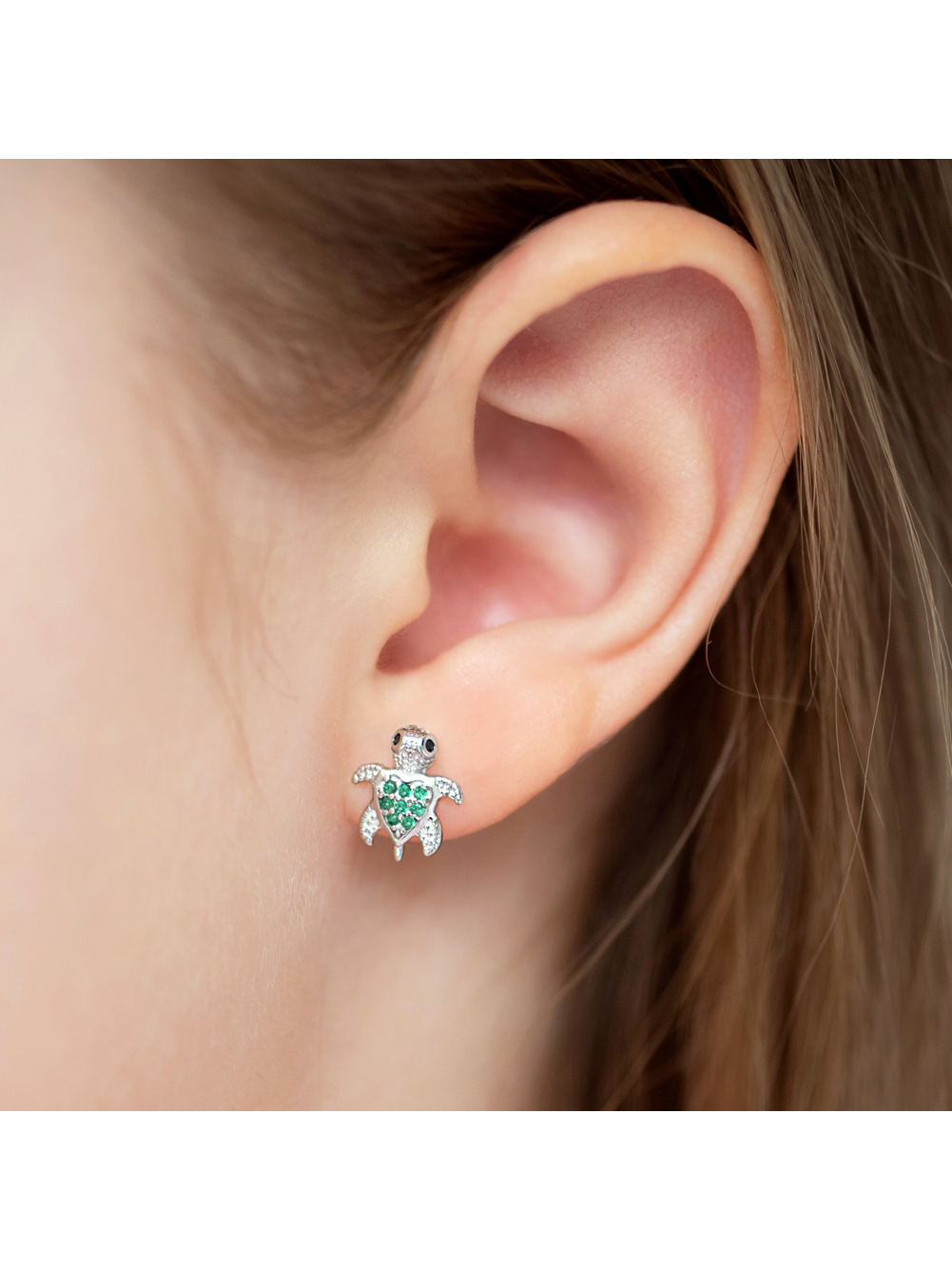 925 Sterling Silver Green Cubic Zirconia Turtle Screw Back Earrings for Girls