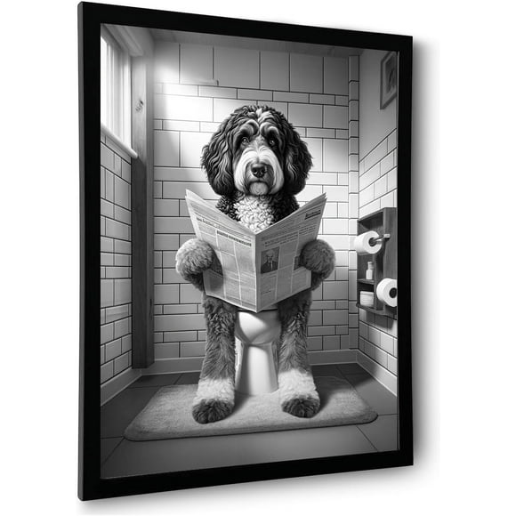 AIR-Funny Bathroom Wall Decor Bernedoodle Reading Newspaper On Toilet Bathroom Wall Art Bernedoodle Poster Print Black And White Wall Art Cute Animal Art For Bathroom