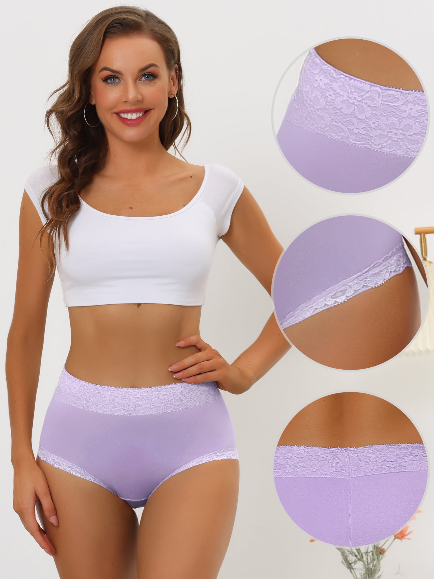 DARING DIVA Women's Cotton High-Lace Trim Tummy Full Coverage Brief Panties M Purple