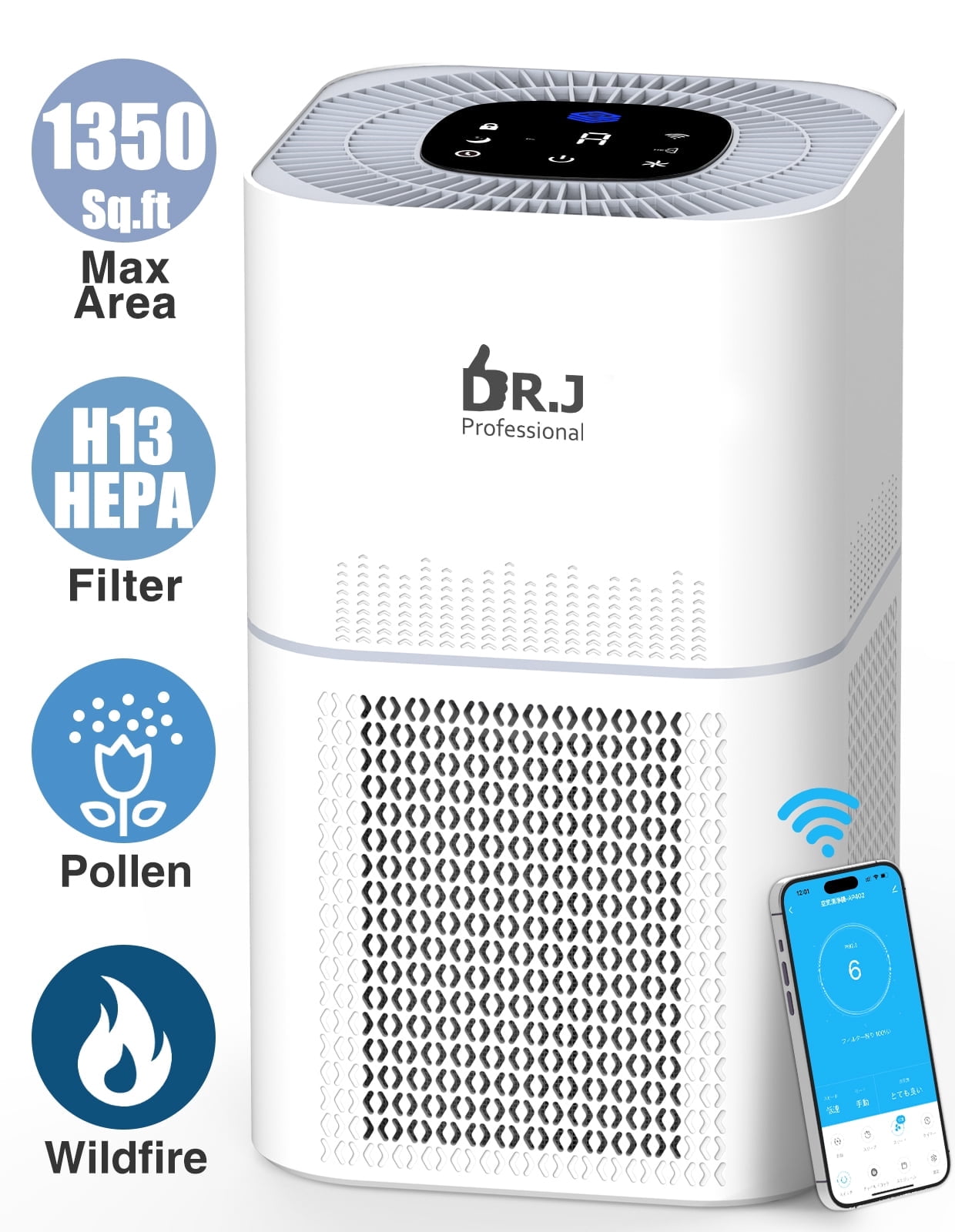 Refurbished DR. J Professional HEPA Air Purifiers for Home up to 1350 Sq.ft, WiFi Air Purifiers, White - Intelligent App Control