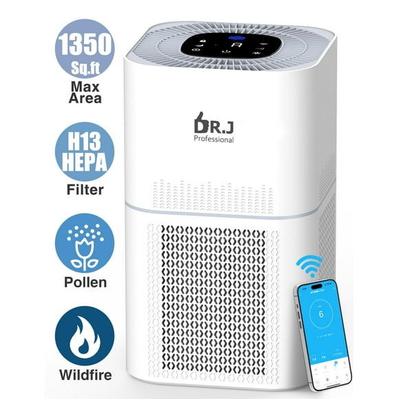 Refurbished DR. J Professional HEPA Air Purifiers for Home up to 1350 Sq.ft, WiFi Air Purifiers, White - Intelligent App Control