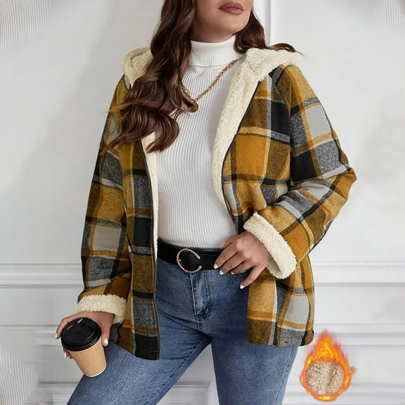 Fznquz Ladies Tops and Blouses Flannel Casual Yellow Plaid Tops Spring Long Sleeve Fleece Hooded Womens Tee,XL