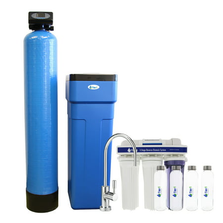 Tier1 Compatible 48,000 Grain Capacity Water Softener + 5-Stage Reverse Osmosis Drinking Water Filter System with 4 Glass Water Bottles and a 10 Panel Water Test (Best Reverse Osmosis Bottled Water)