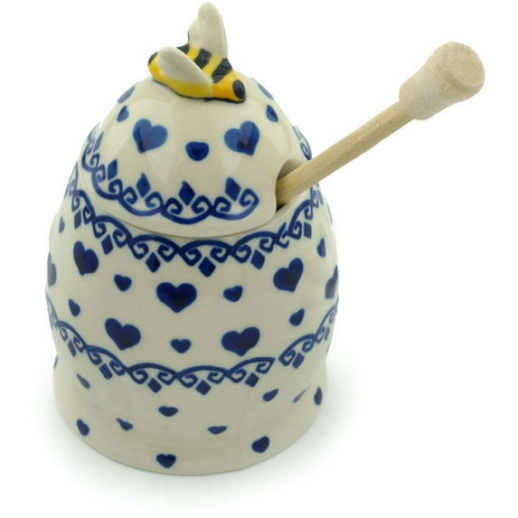 Polish Pottery 5¼-inch Honey Jar with Dipper (Blue Valentine Theme) Hand Painted in Boleslawiec, Poland + Certificate of Authenticity
