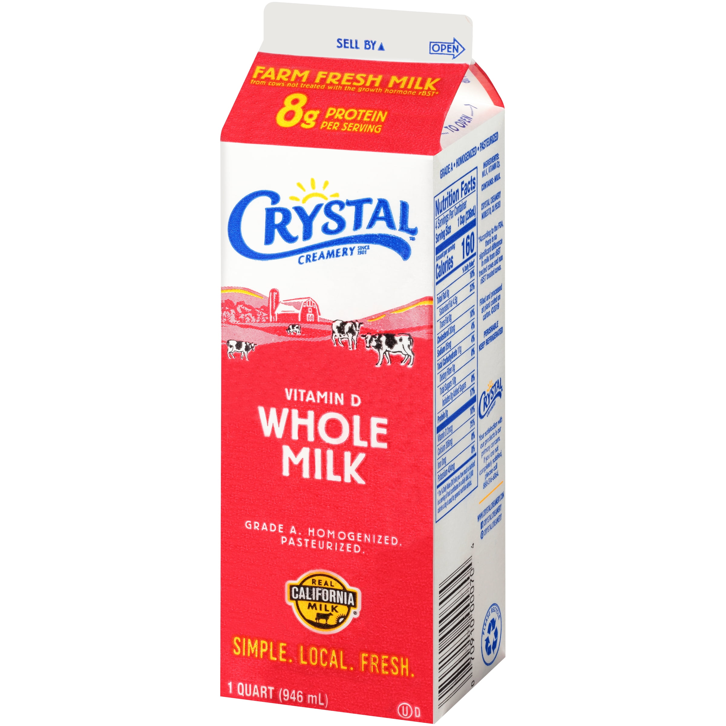 Crystal Creamery Whole Vitamin D Milk, 100% California, 32 fl oz Paper Carton