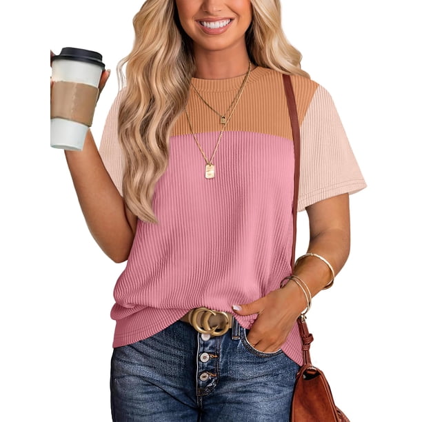 Camisas WIHOLL para mujer, punto primaveral, color rosa acanalado, color rosa S