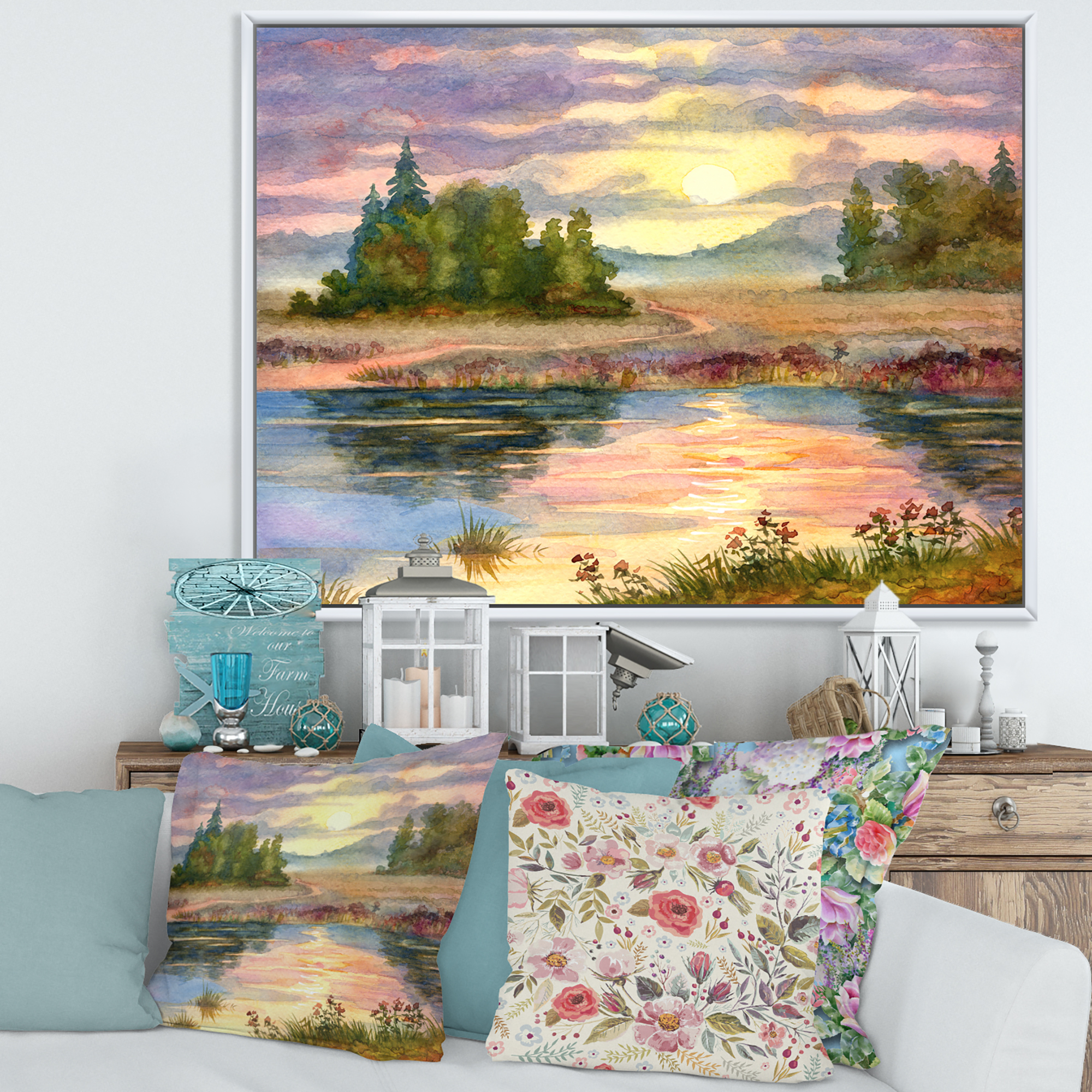 The Rural Lake In Sunset Evening I 32 in x 24 in Framed Painting Canvas Art Print, by Designart