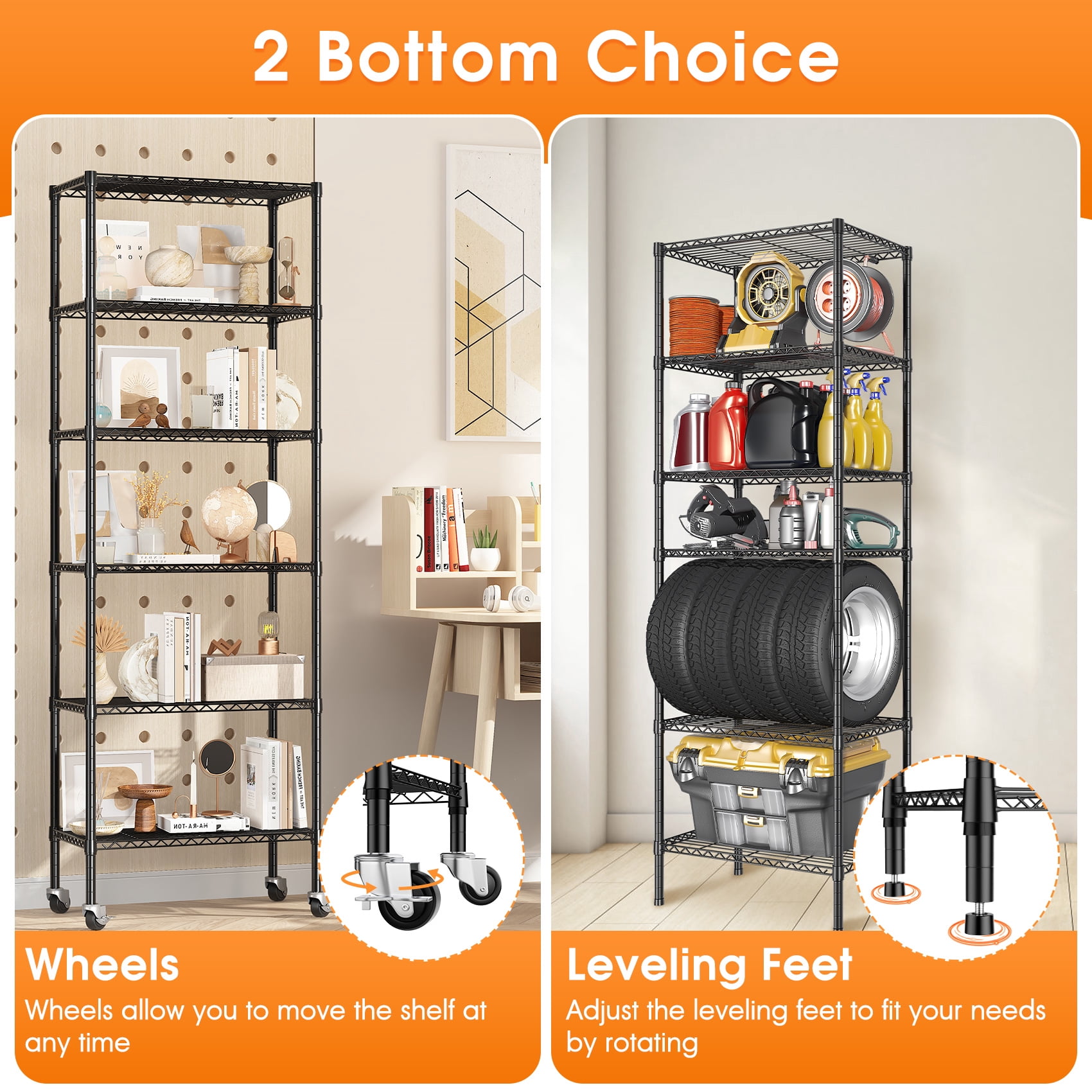 6-Tier Adjustable Wire Shelving Unit on Wheels, 750lbs Capacity - Powder-Coated Carbon Steel Heavy Duty Metal Shelves, Rolling Storage Shelves for Garage, Closet & Kitchen 24"W x 14"D