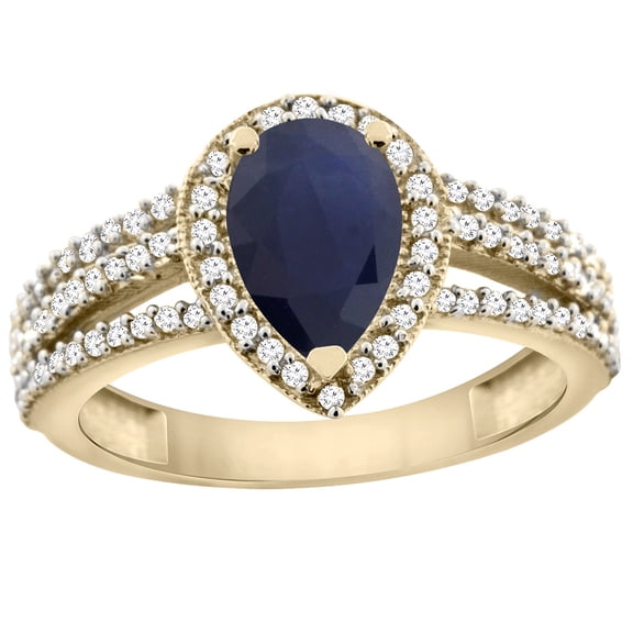 14K Yellow Gold Natural Blue Sapphire Ring 9x7 Pear Halo Diamond, size 5.5