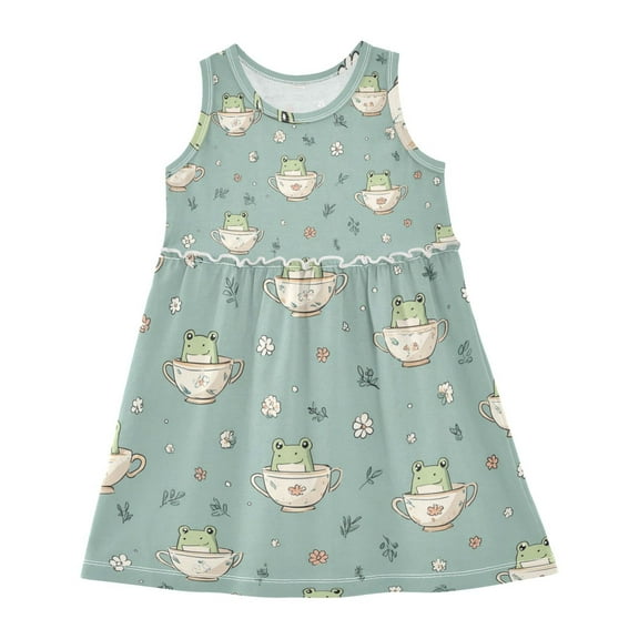 Girls Dress Frog in A Teacup Sleeveless Dress for Girls Hem A-Line Casual Sundress