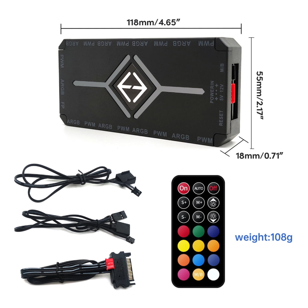 Qisuw ARGB PWM Fan Hub 5V 3PIN ARGB 4PIN PWM RGB Case Fan Hub Controller SATA Power Input 8 Port Adapter for ARGB PWM Fan