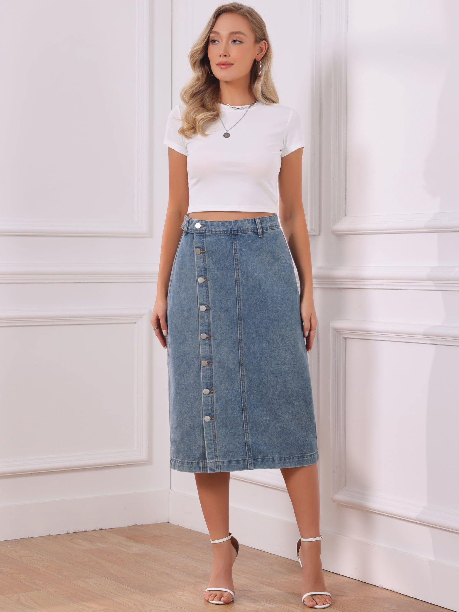 DARING DIVA Women's Denim Midi Skirt Button Up Slit Jean Skirts XX-Large Gray Blue