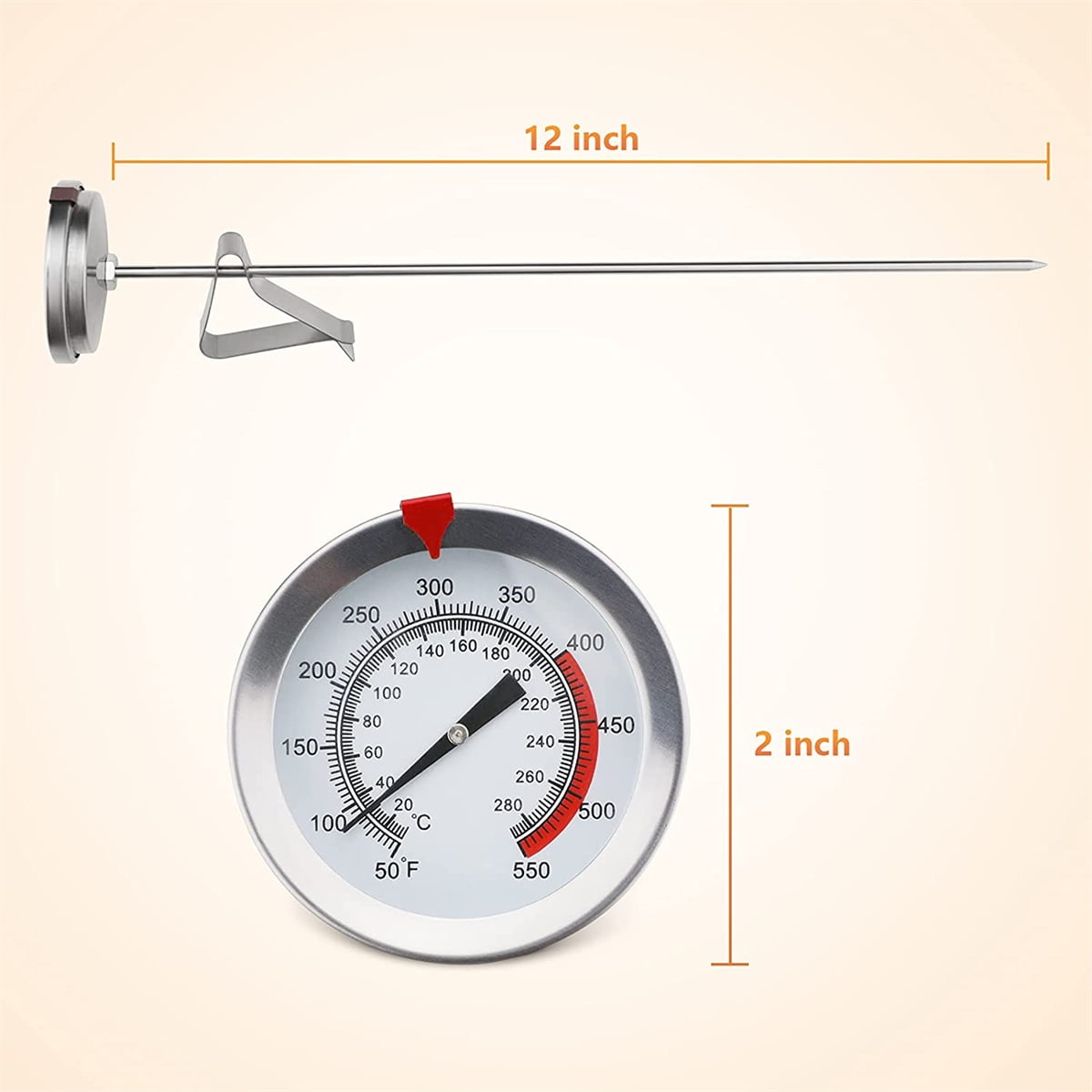 Deep Fryer Turkey Thermometer with Clip&15 inch - Best Professional Kitchen  Pot Fryer Thermometer, Stainless Steel Fry Oil Thermometer, dial