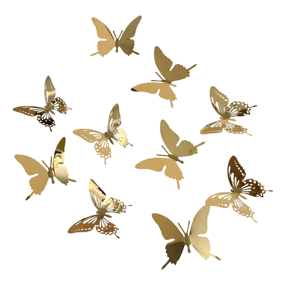 10 Pcs Metal Butterfly Wall Decor, 3D Hollow-Carved Gold Butterflies, Mirror Surface, Realistic Stickers for Bedroom, Living Room Decorations, 2.4 in / 6 cm