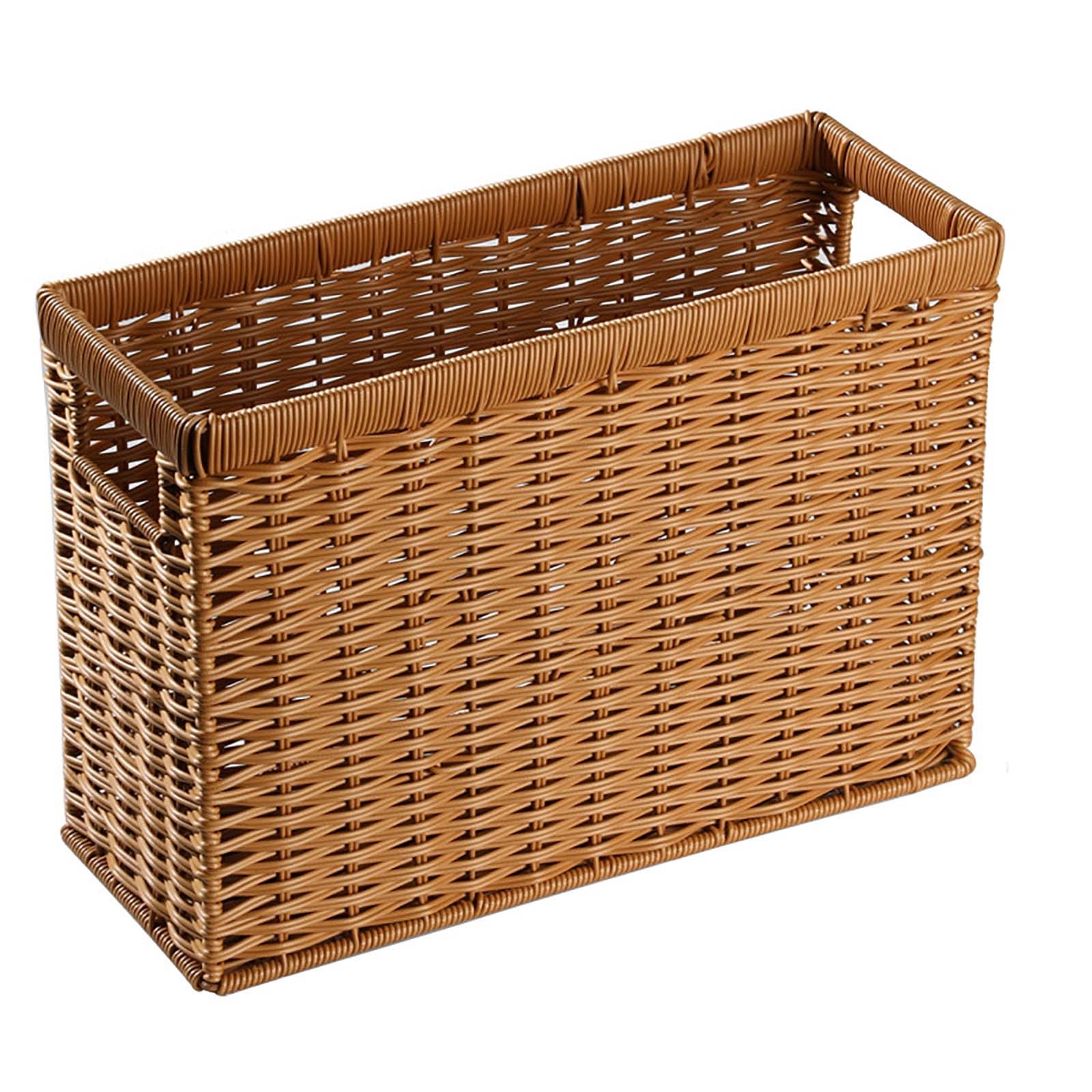 Brown Woven Leather Magazine Holder | Storage Basket with Handles for Office Living Room or Bathroom | Vertical Magazine File Organizer