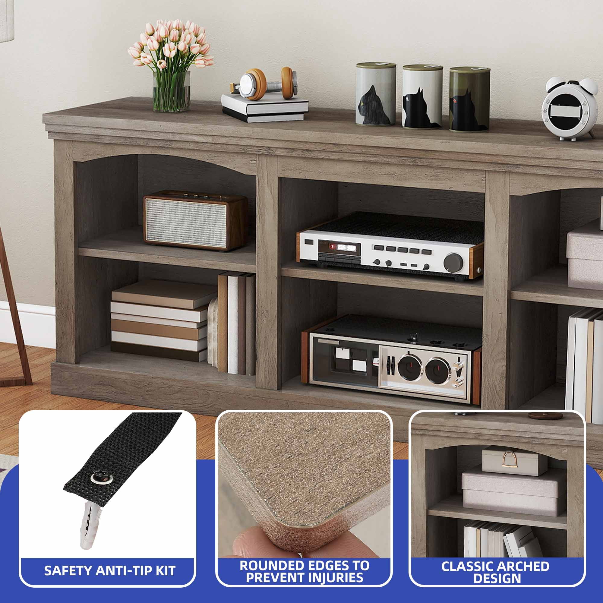 ModFusion 70” Washed Ash TV Cabinet, 6-Compartment Entertainment Center with Faux Thick Top, P2 Particleboard & Density Board Media Console, Rustic Storage Stand