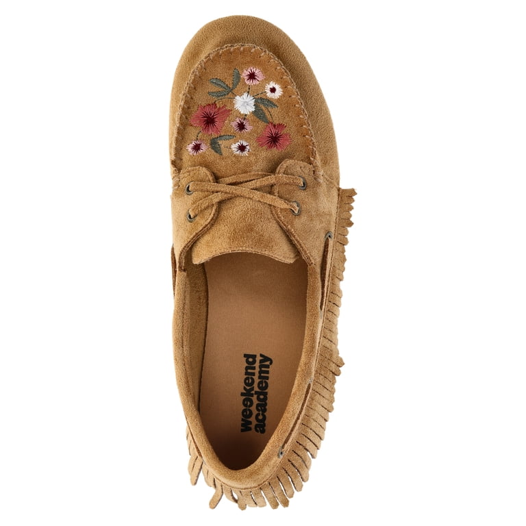 Weekend Academy Girls Floral Moccasin Shoes, Beige, 6 Big Girl