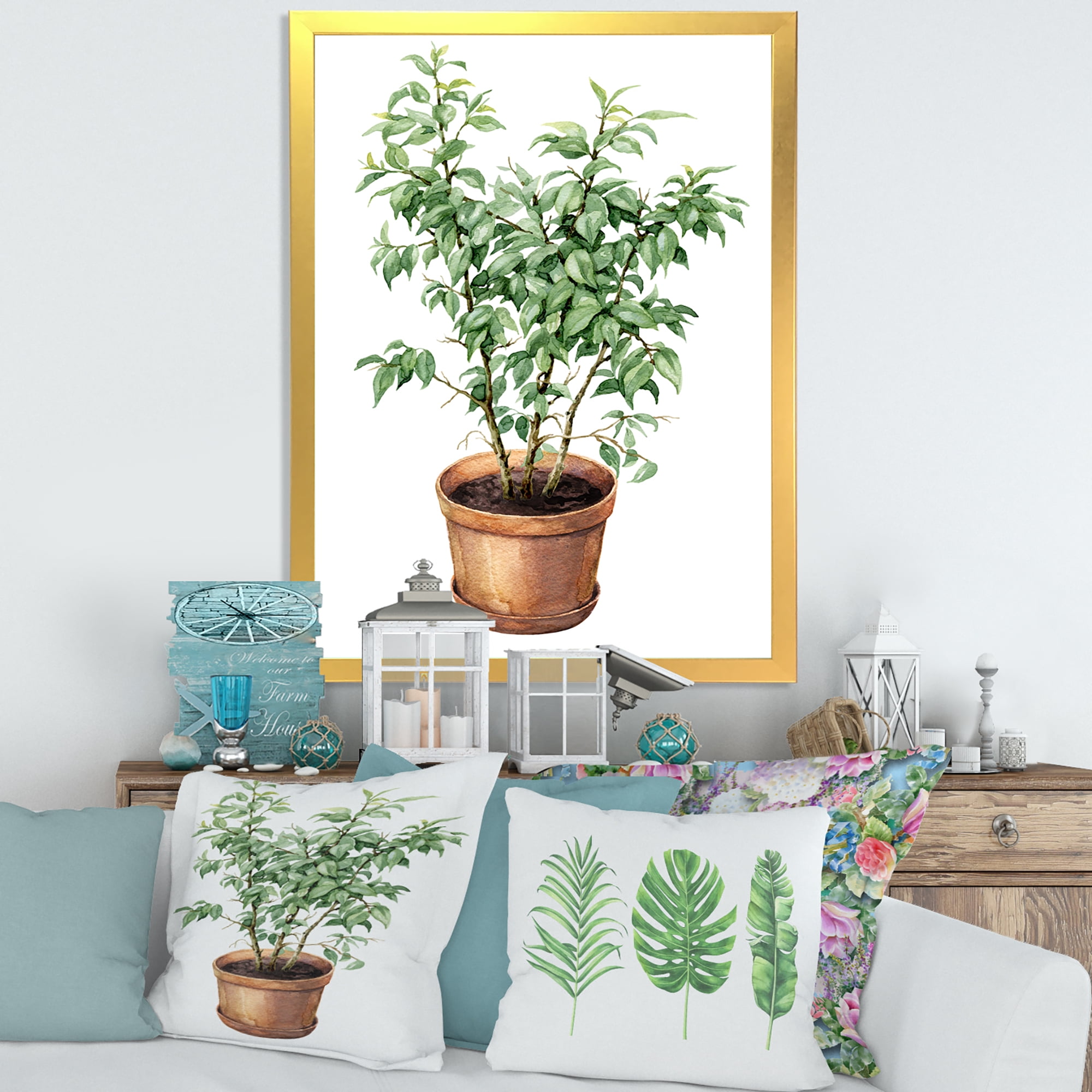Designart 'Ficus Benjamina Plant In Clay Flowerpot' Traditional Framed Art Print