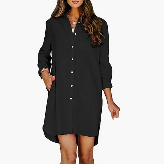 DuoJiaJ Women Casual Solid Dress Long Sleeve Turtleneck Pocket Dress Shirt Split Hem Casual Loose Dress Women's Oversized Shirts Black L