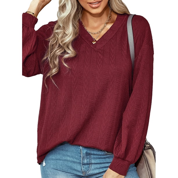 Sudadera de mujer, Sudadera holgada de manga larga con cuello en V para mujer, jerséis informales Abanopi borgoña/Grande