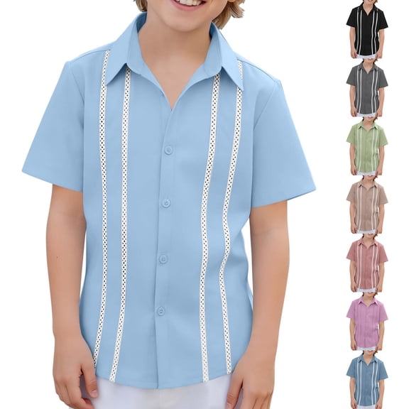 Zpanxa Toddler Boys Vertical Eyelet Stripe Trim Button Down Short Sleeve Shirts Lapel Collar Summer Casual Woven Dress Tops for Kids