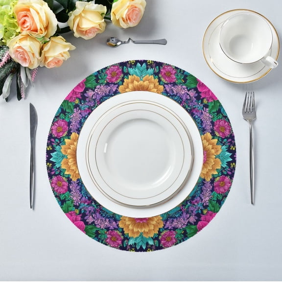 15.4" Round Placemat Set of 1 Polyester Fabric Place Mats Non-Slip Dining Kitchen Table Mats for Kitchen Party Decor Colorful Delicate Floral