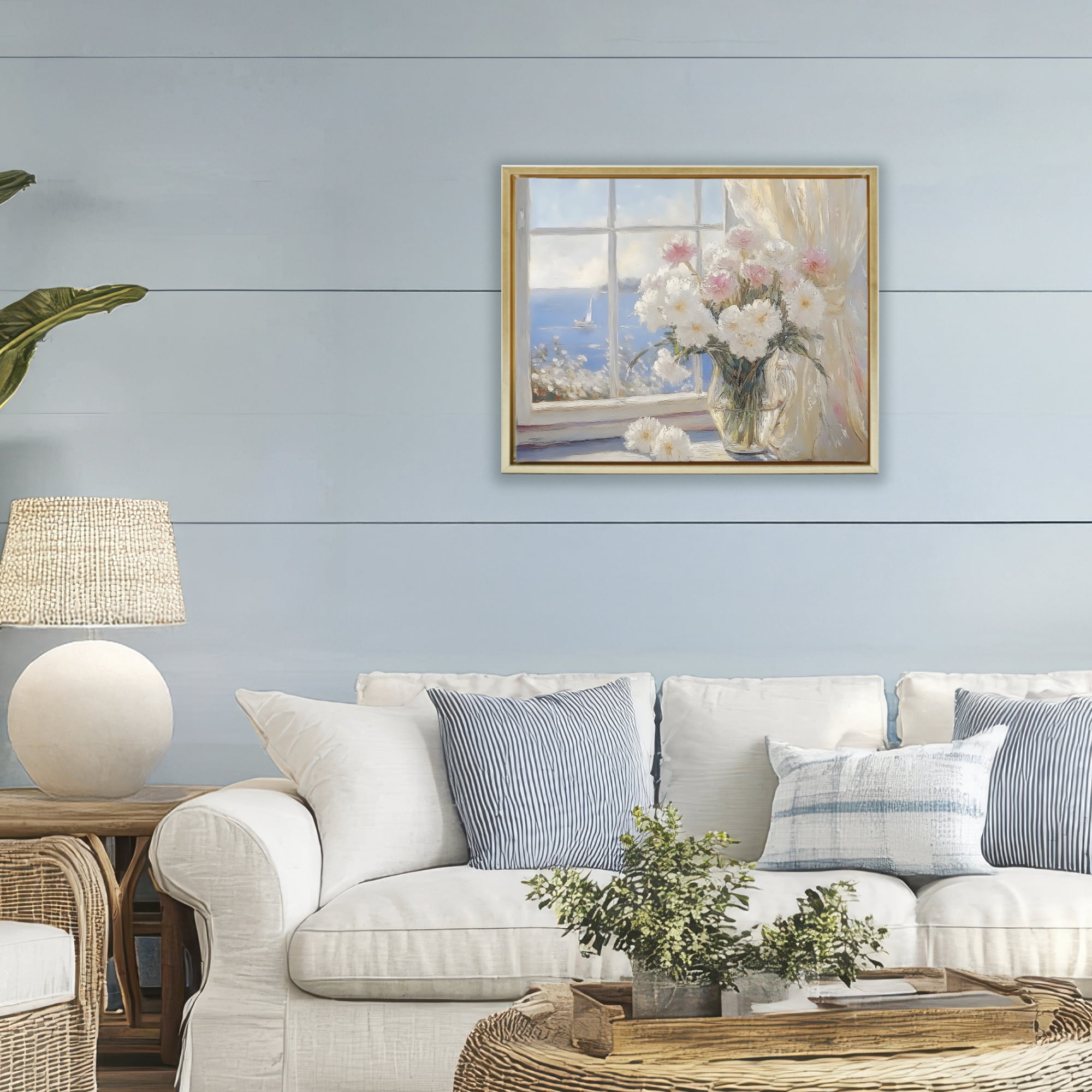 Stupell Industries Coastal View Floral Window Bouquet Gold Framed Floater Canvas Wall Art, design by LSR Design Studio
