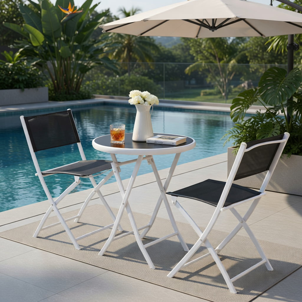 Hommoo 3-Piece Folding Outdoor Bistro Set, 2 Steel-Frame Chairs + Tempered Glass Coffee Table for Balcony, Patio & Deck, Black
