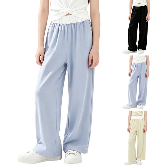 Antinious Girls Trendy Breathable Solid Wide Leg Elastic Waist Versatile Full Length Pants