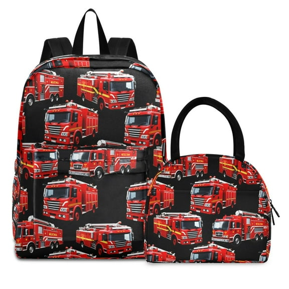 ALAZA Backpack Set Cartoon Fire Truck Cute Elementary School Bags Student BookBag with Lunch Bag