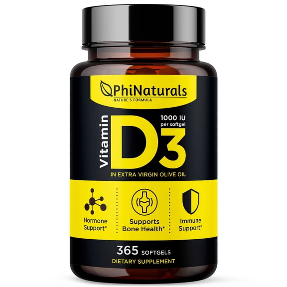 Vitamin D3 1000iu Softgels Supplement - PhiNaturals - Olive Oil Base 365 Gel Caps One Year Supply of Vit D, Vitamina D 3 1000 iu