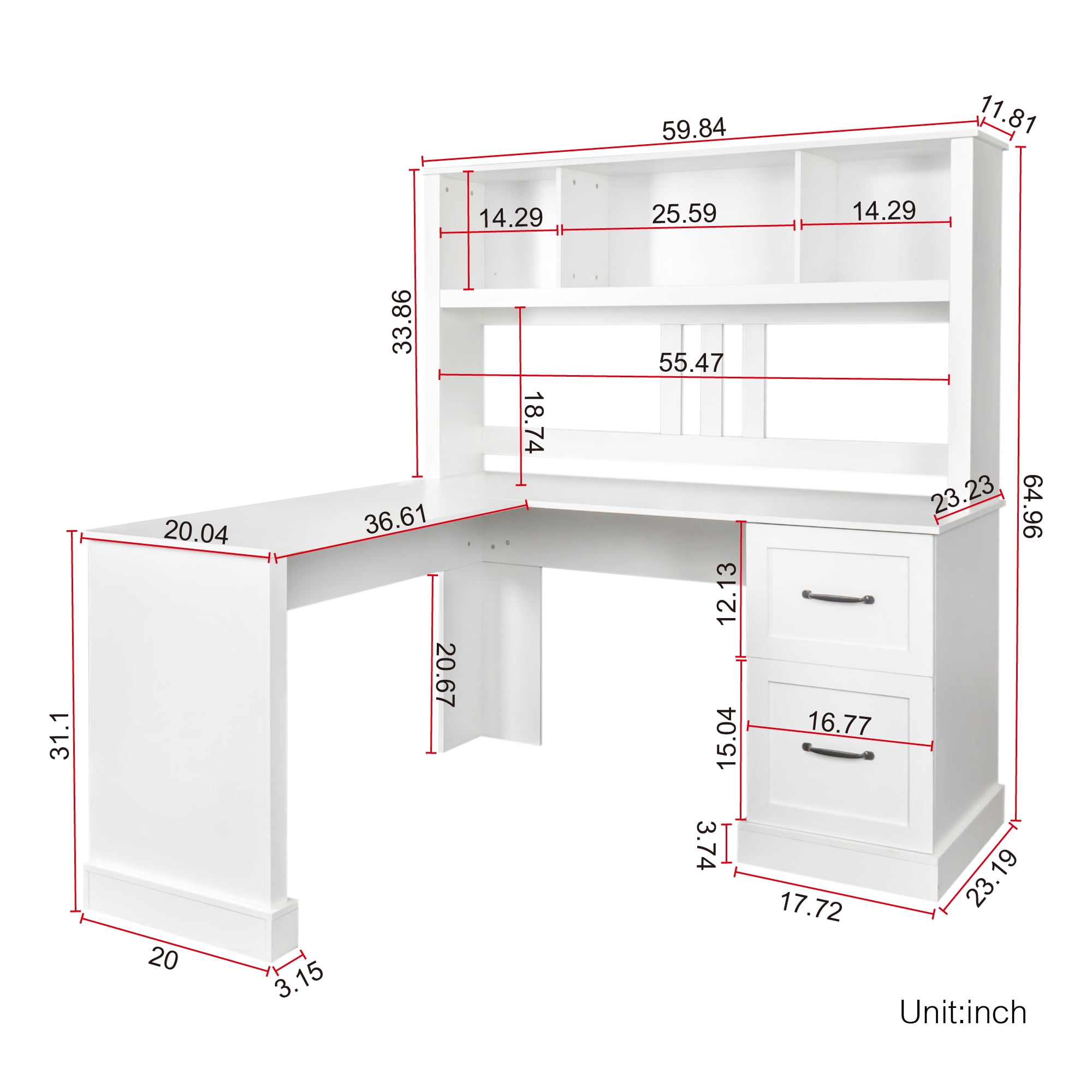 Royard Oaktree L Shaped Computer Desk with Hutch Reversible Home Office Desk w/Drawers and Bookshelf