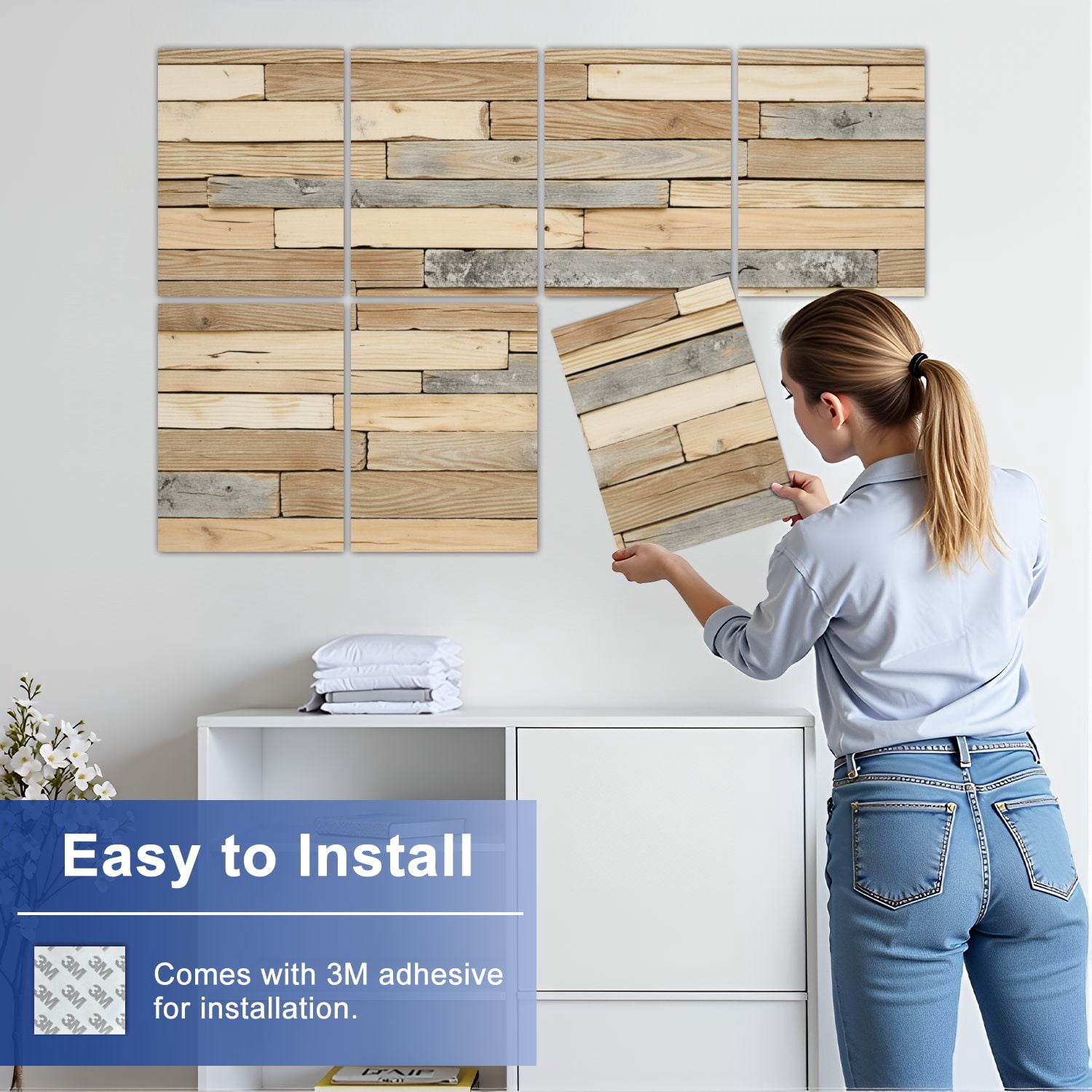 8 Pack Art Acoustic Panels Sound Absorbing Rustic Stacked Wooden Planks Natural Beige Grey Tones Decorative Soundproof Wall Panels Self Adhesive for Nursery Game Room Bedroom 48"x32"
