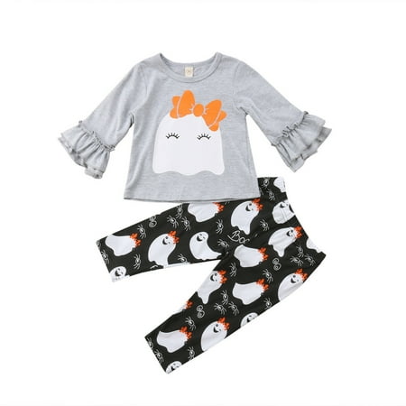 Happy Halloween Baby Girl 2pcs Ghost Flutter Sleeve T-shirt+Pants Outfits Set