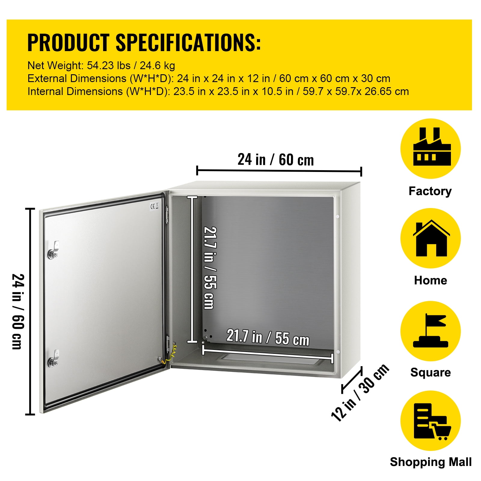 KFFKFF Steel Electrical Box 24”x 24” x 12” Electrical Enclosure Box, Carbon Steel Hinged Junction Box, IP65 Weatherproof Metal Box Wall-Mounted Electronic Equipment Enclosure Box with Mounting Plat