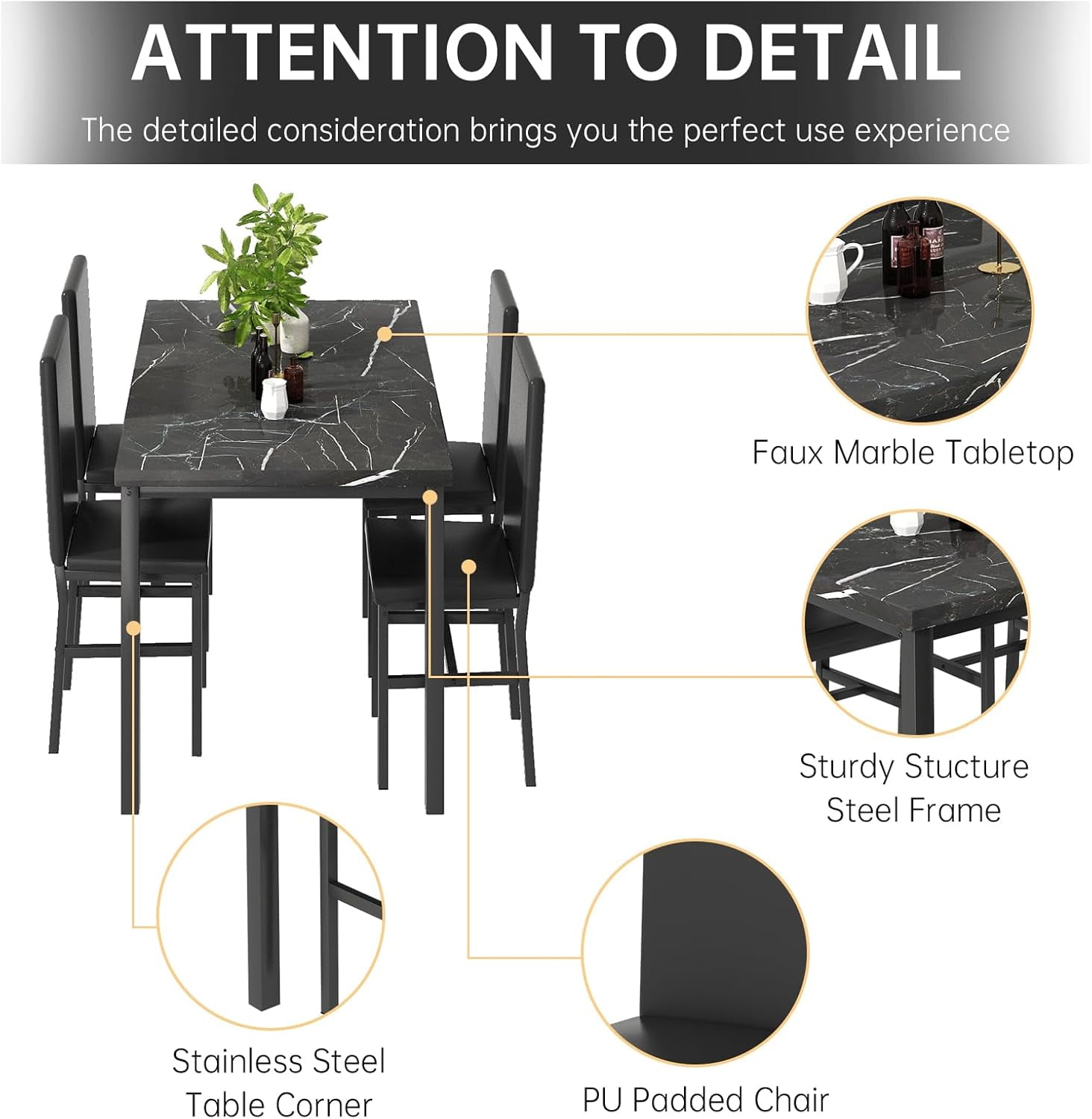 4-person dining table set, modern artificial marble dining table set, kitchen table and chair set of 4 pieces, with 4 PU leather chairs, suitable for small spaces, apartments, restaurants, black