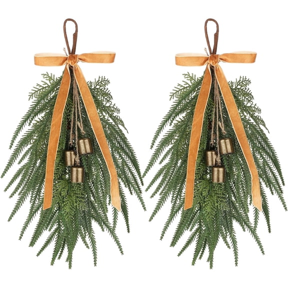 laqbezok 2Pcs Artificial Christmas Teardrop Swag, Norfolk Pine Christmas Wreaths for Outdoor, Hanging Vintage Bell Velvet Bow Swag Decorations, for Front Door Outdoor Indoor Wall Xmas Home Decor