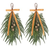 laqbezok 2Pcs Artificial Christmas Teardrop Swag, Norfolk Pine Christmas Wreaths for Outdoor, Hanging Vintage Bell Velvet Bow Swag Decorations, for Front Door Outdoor Indoor Wall Xmas Home Decor