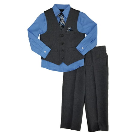 Toddler Boys 4pc Dress Up Outfit Suit Set Blue Shirt Plaid Tie Gray Vest & Pants